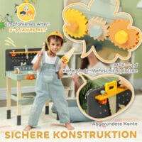 Hellblaue Kinderwerkbank mit komplettem Werkzeugset, inklusive Schraubendreher. Ideal für kleine Handwerker, um erste Erfahrungen im Bauen und Reparieren zu sammeln.
