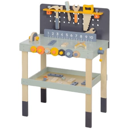 Hellblaue Kinderwerkbank mit komplettem Werkzeugset, inklusive Schraubendreher. Ideal für kleine Handwerker, um erste Erfahrungen im Bauen und Reparieren zu sammeln.