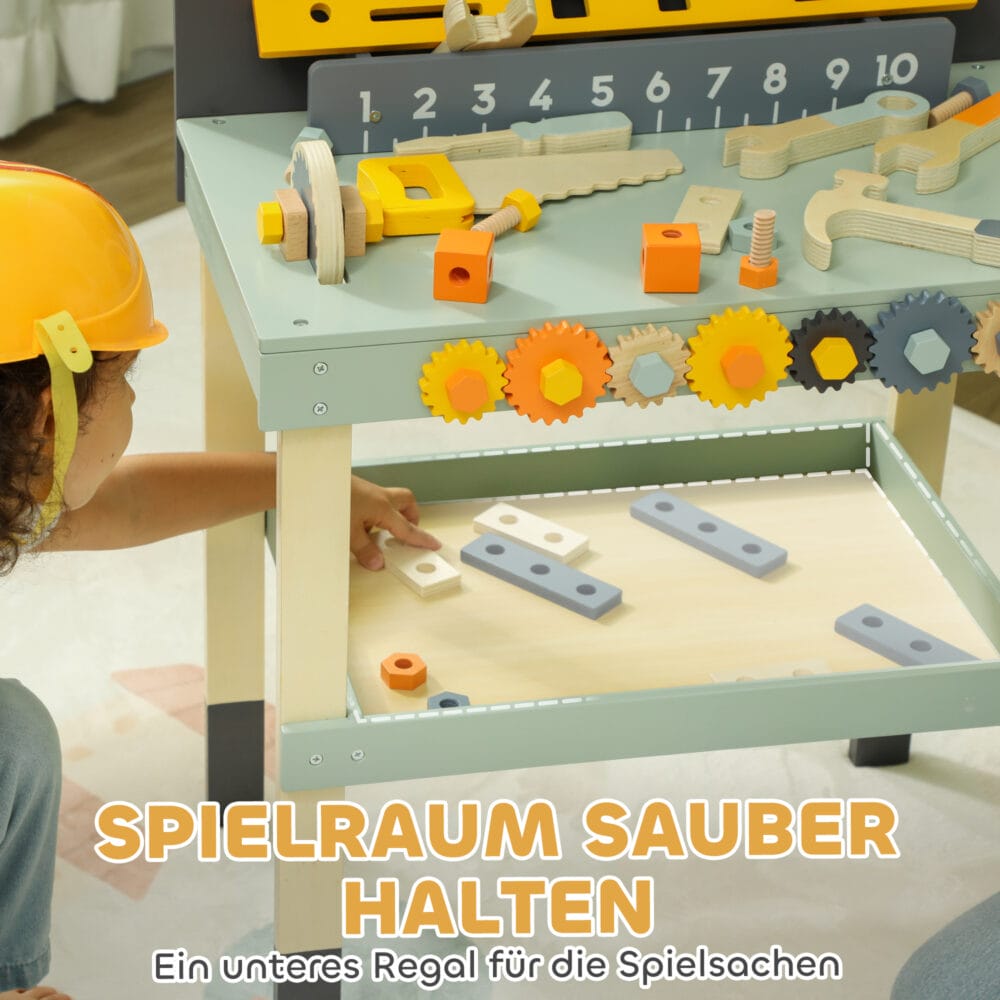 Hellblaue Kinderwerkbank mit komplettem Werkzeugset, inklusive Schraubendreher. Ideal für kleine Handwerker, um erste Erfahrungen im Bauen und Reparieren zu sammeln.