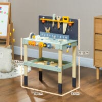 Hellblaue Kinderwerkbank mit komplettem Werkzeugset, inklusive Schraubendreher. Ideal für kleine Handwerker, um erste Erfahrungen im Bauen und Reparieren zu sammeln.