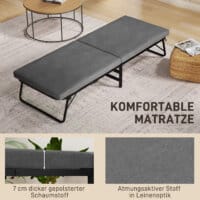 Ein dunkelgraues Klappbett und Gästebett 70x190cm mit Schaumstoffmatratze und Rollen.