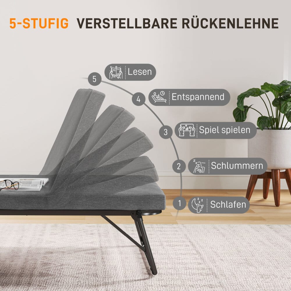 Ein dunkelgraues Klappbett und Gästebett 70x190cm mit Schaumstoffmatratze und Rollen.