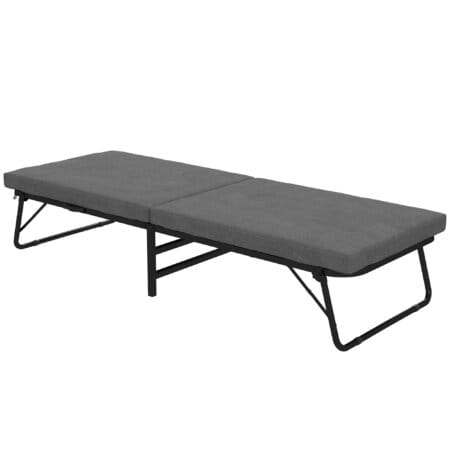 Ein dunkelgraues Klappbett und Gästebett 70x190cm mit Schaumstoffmatratze und Rollen.