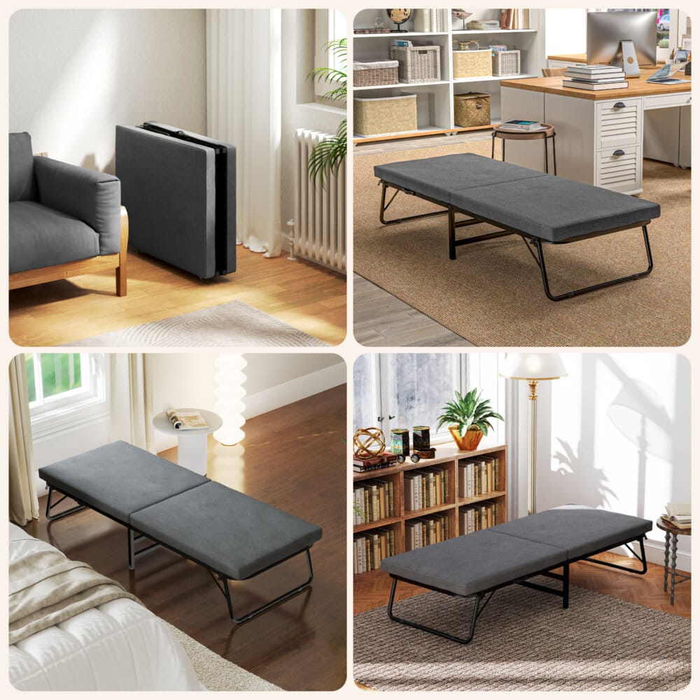 Ein dunkelgraues Klappbett und Gästebett 70x190cm mit Schaumstoffmatratze und Rollen.