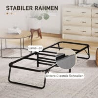 Ein dunkelgraues Klappbett und Gästebett 70x190cm mit Schaumstoffmatratze und Rollen.