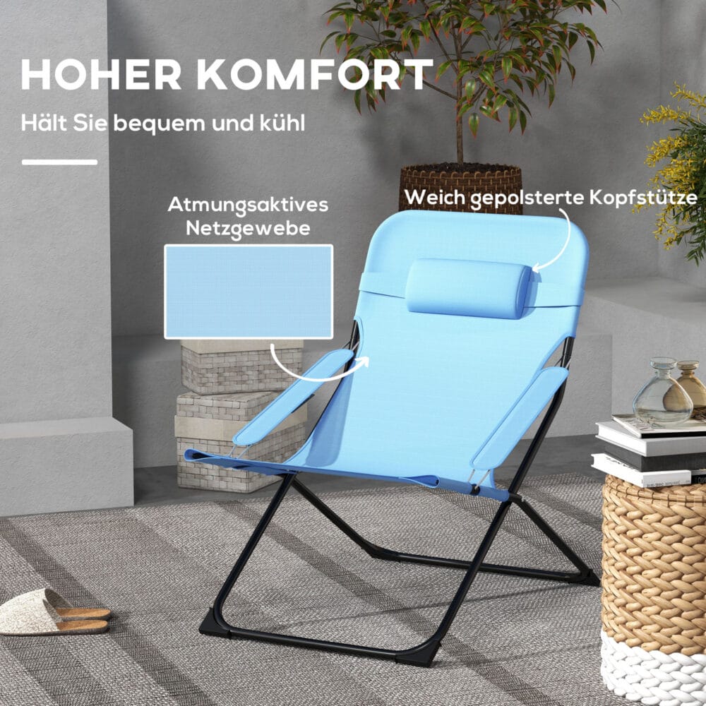 Klappstuhl mit verstellbarer Rückenlehne, 120 kg belastbar, Mesh-Material, Farbe Blau.