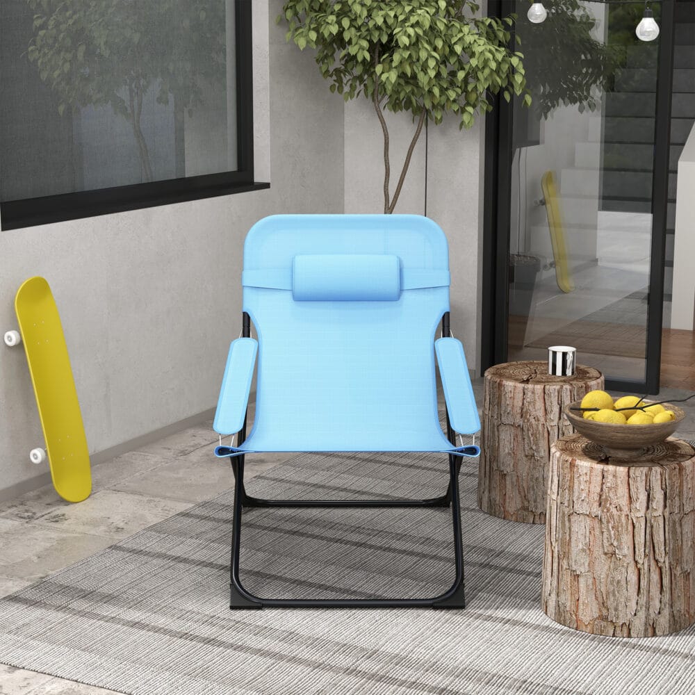 Klappstuhl mit verstellbarer Rückenlehne, 120 kg belastbar, Mesh-Material, Farbe Blau.