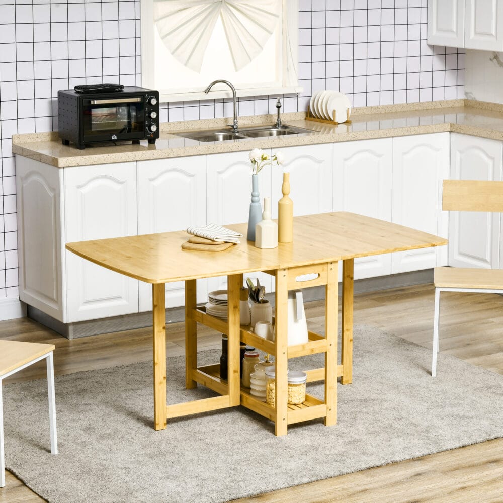 Klapptisch aus Bambus mit Ablagefächern Naturholz – Produktfoto zeigt modernes Design, hochwertige Materialien und funktionale Eigenschaften ideal für Wohn- oder Arbeitsbereiche. Perfekt als Einrichtungsinspiration oder zur Produktpräsentation in einem Onlineshop.