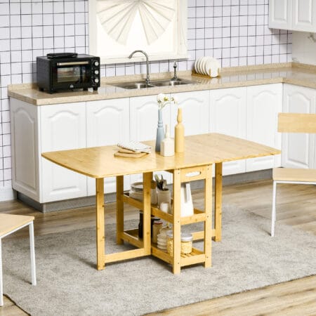 Klapptisch aus Bambus mit Ablagefächern Naturholz – Produktfoto zeigt modernes Design, hochwertige Materialien und funktionale Eigenschaften ideal für Wohn- oder Arbeitsbereiche. Perfekt als Einrichtungsinspiration oder zur Produktpräsentation in einem Onlineshop.