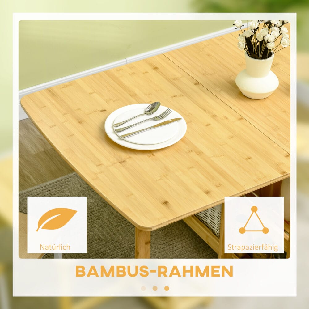 Klapptisch aus Bambus mit Ablagefächern Naturholz – Produktfoto zeigt modernes Design, hochwertige Materialien und funktionale Eigenschaften ideal für Wohn- oder Arbeitsbereiche. Perfekt als Einrichtungsinspiration oder zur Produktpräsentation in einem Onlineshop.