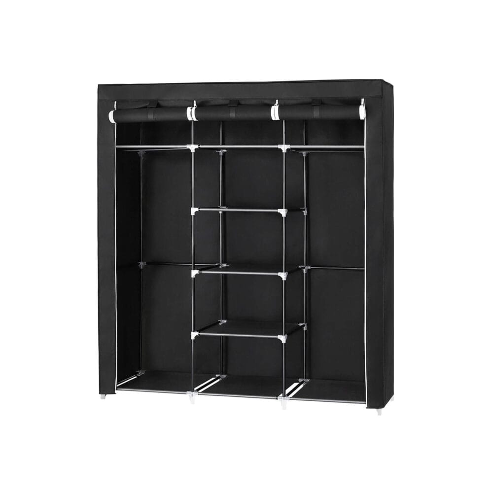 Schwarzer Stoffkleiderschrank mit großem Stauraum.
