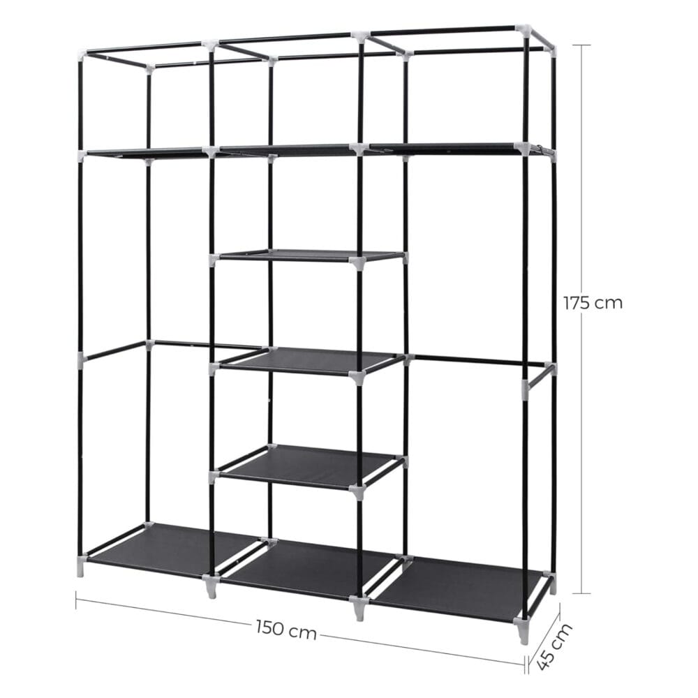 Großer Klappschrank mit viel Stauraum und robusten Fächern. Maße: 150 x 175 x 45 cm (B x H x T). Jedes Fach ist mit bis zu 5 kg belastbar, die Kleiderstange mit bis zu 15 kg. Ideal für eine ordentliche Aufbewahrung.