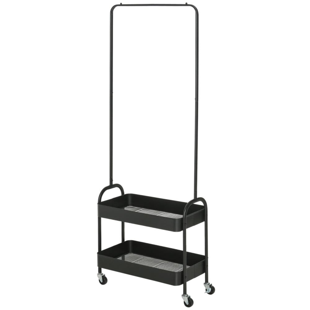 Ein schwarzer Kleiderständer auf Rollen mit Kleiderstange und Schuhablage, belastbar bis 16kg.