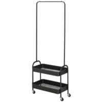 Ein schwarzer Kleiderständer auf Rollen mit Kleiderstange und Schuhablage, belastbar bis 16kg.