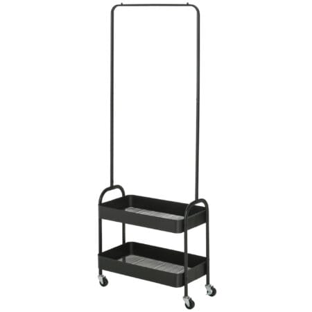 Ein schwarzer Kleiderständer auf Rollen mit Kleiderstange und Schuhablage, belastbar bis 16kg.