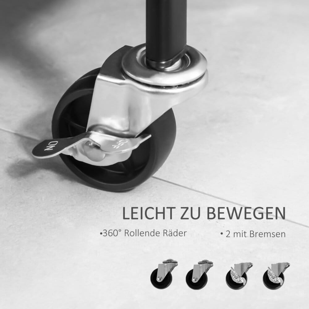 Ein schwarzer Kleiderständer auf Rollen mit Kleiderstange und Schuhablage, belastbar bis 16kg.