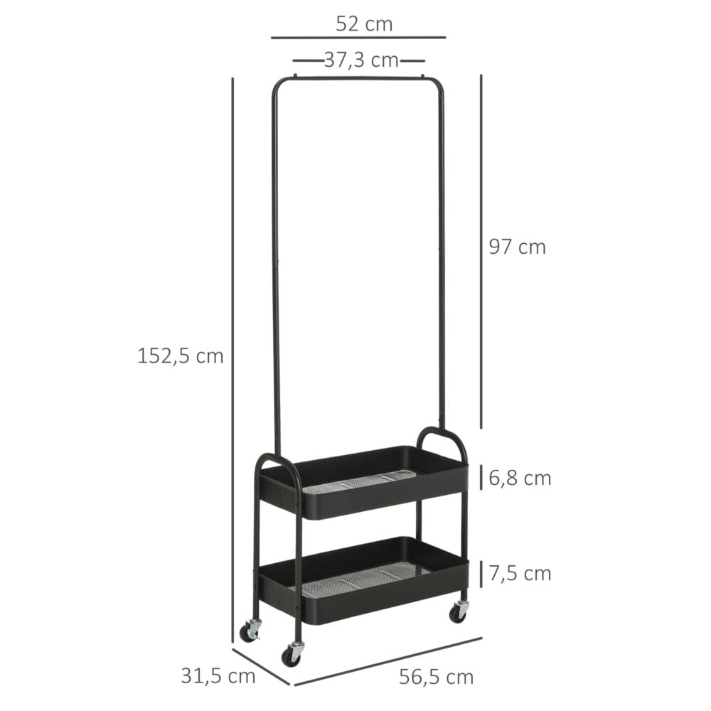 Ein schwarzer Kleiderständer auf Rollen mit Kleiderstange und Schuhablage, belastbar bis 16kg.