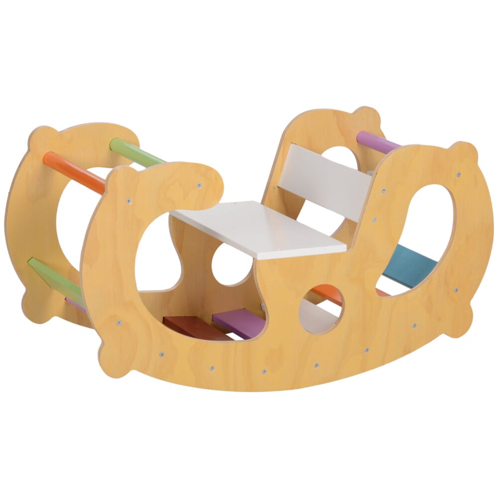 Mehrfarbiges 2-in-1 Klettergerüst für den Kinderspielplatz, das auch als Schaukelstuhl genutzt werden kann. Ideal für Kinder von 1-4 Jahren zur Förderung von Motorik und Gleichgewicht.