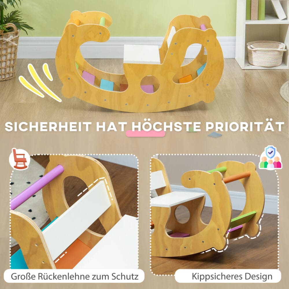 Mehrfarbiges 2-in-1 Klettergerüst für den Kinderspielplatz, das auch als Schaukelstuhl genutzt werden kann. Ideal für Kinder von 1-4 Jahren zur Förderung von Motorik und Gleichgewicht.