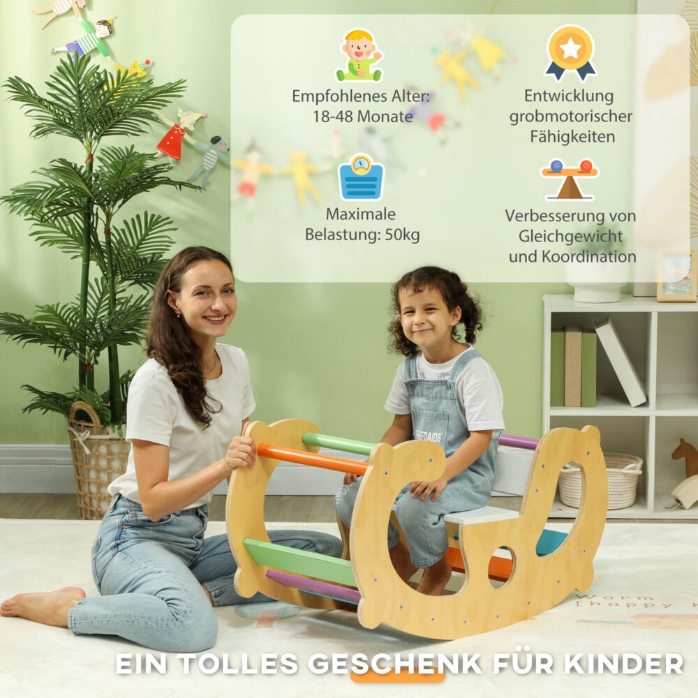 Mehrfarbiges 2-in-1 Klettergerüst für den Kinderspielplatz, das auch als Schaukelstuhl genutzt werden kann. Ideal für Kinder von 1-4 Jahren zur Förderung von Motorik und Gleichgewicht.
