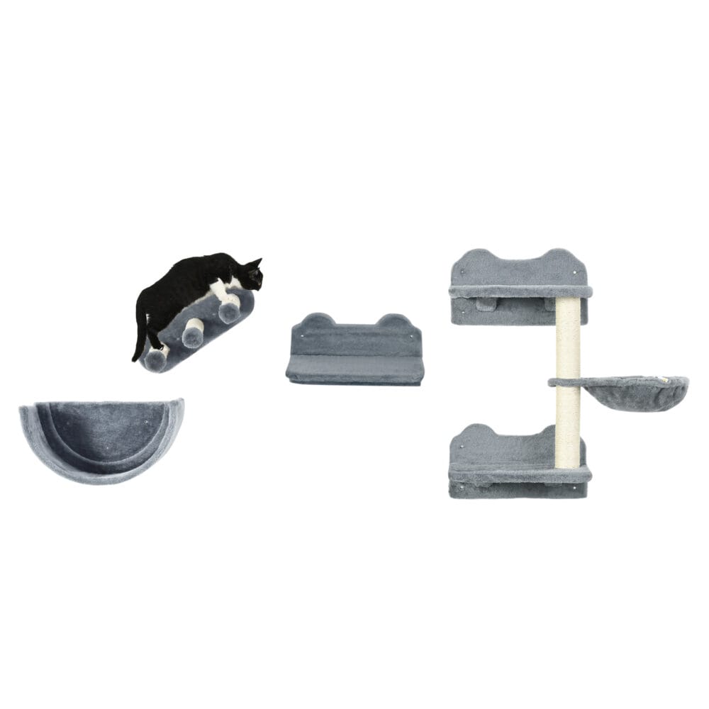Graue 4-teilige Kletterwand mit Hängematte, geeignet für Katzen bis 5kg, schafft einen spannenden Kletterparcours.
