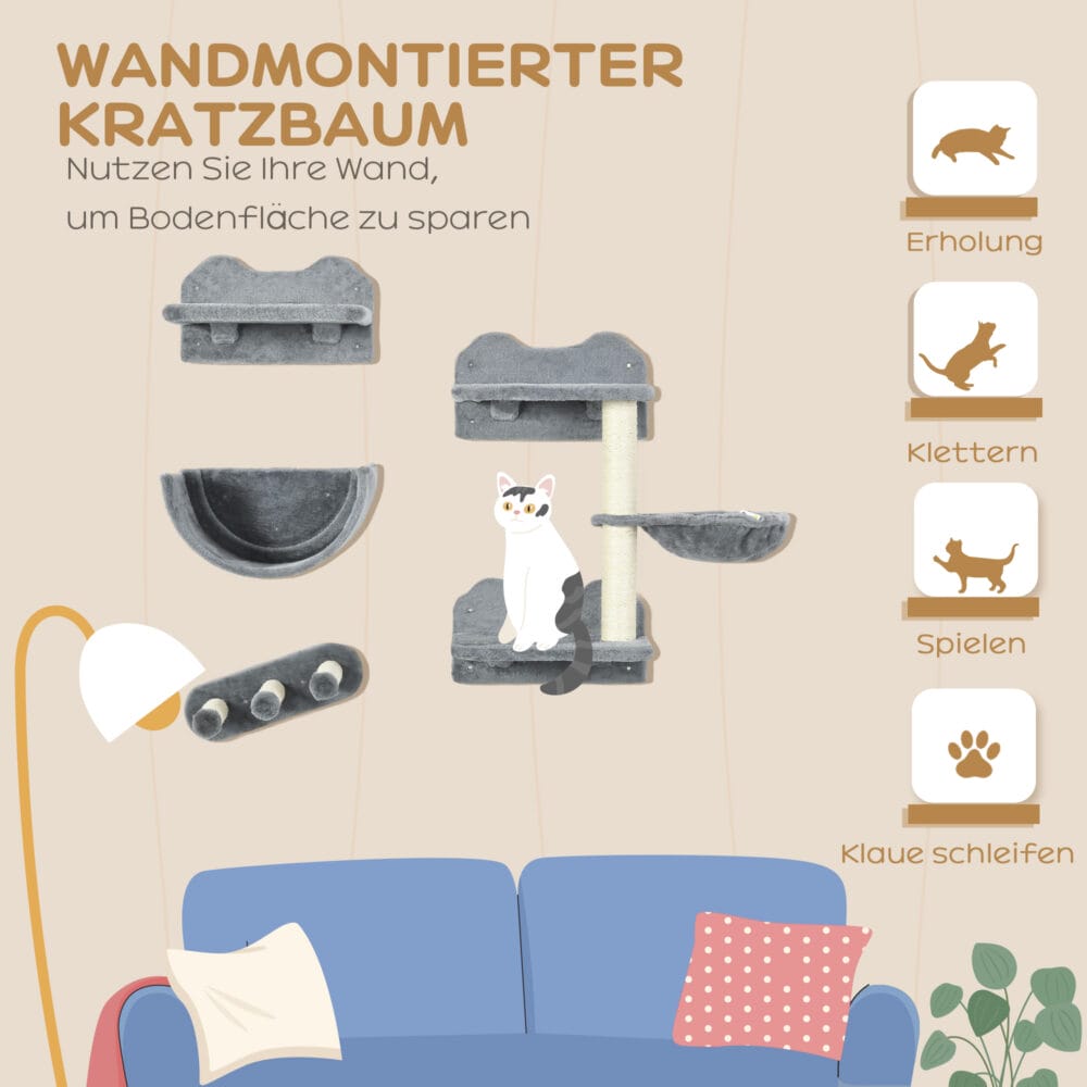 Graue 4-teilige Kletterwand mit Hängematte, geeignet für Katzen bis 5kg, schafft einen spannenden Kletterparcours.