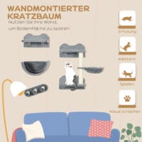 Graue 4-teilige Kletterwand mit Hängematte, geeignet für Katzen bis 5kg, schafft einen spannenden Kletterparcours.