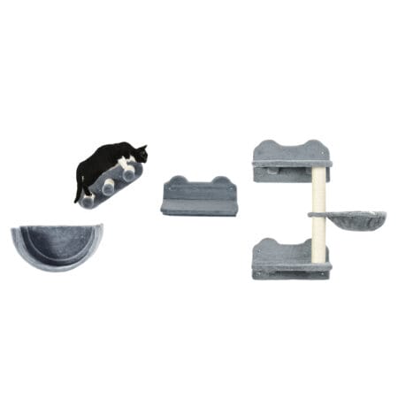 Graue 4-teilige Kletterwand mit Hängematte, geeignet für Katzen bis 5kg, schafft einen spannenden Kletterparcours.