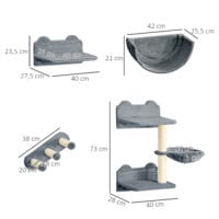 Graue 4-teilige Kletterwand mit Hängematte, geeignet für Katzen bis 5kg, schafft einen spannenden Kletterparcours.