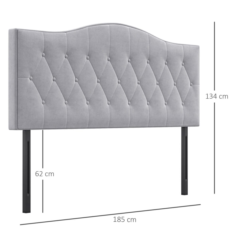 Ein gepolstertes Kopfteil und Betthaupt in Grau mit den Maßen 185x8x134cm.
