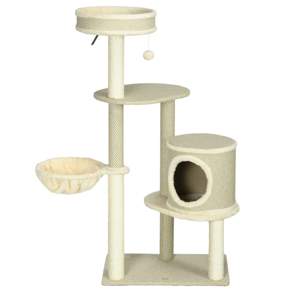 Beiger Kratzbaum mit zwei Liegeflächen, Korb und Spielball, 124cm hoch, bietet viel Abwechslung und Komfort.