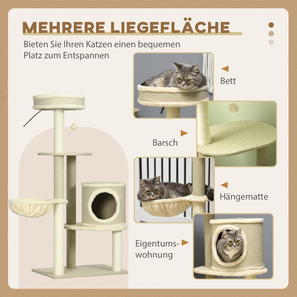 Beiger Kratzbaum mit zwei Liegeflächen, Korb und Spielball, 124cm hoch, bietet viel Abwechslung und Komfort.