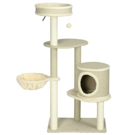 Beiger Kratzbaum mit zwei Liegeflächen, Korb und Spielball, 124cm hoch, bietet viel Abwechslung und Komfort.
