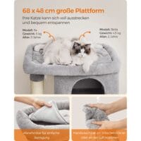Kratzbaum für Katzen bis 20kg, 101cm Höhe, Plüsch Hellgrau