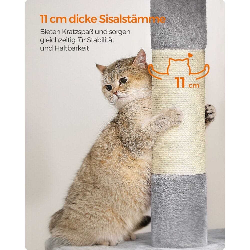 Kratzbaum für Katzen bis 20kg, 101cm Höhe, Plüsch Hellgrau