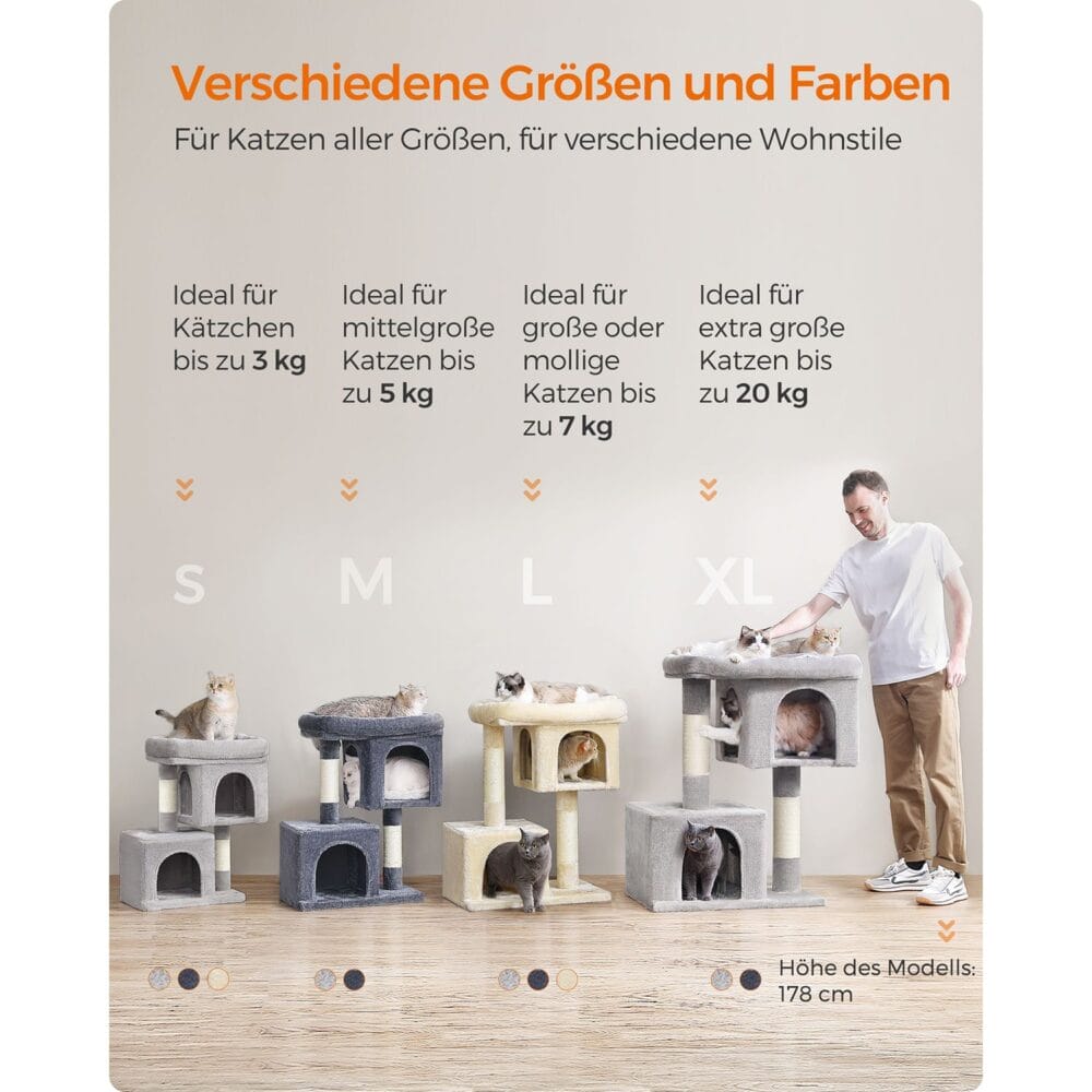 Kratzbaum für Katzen bis 20kg, 101cm Höhe, Plüsch Hellgrau