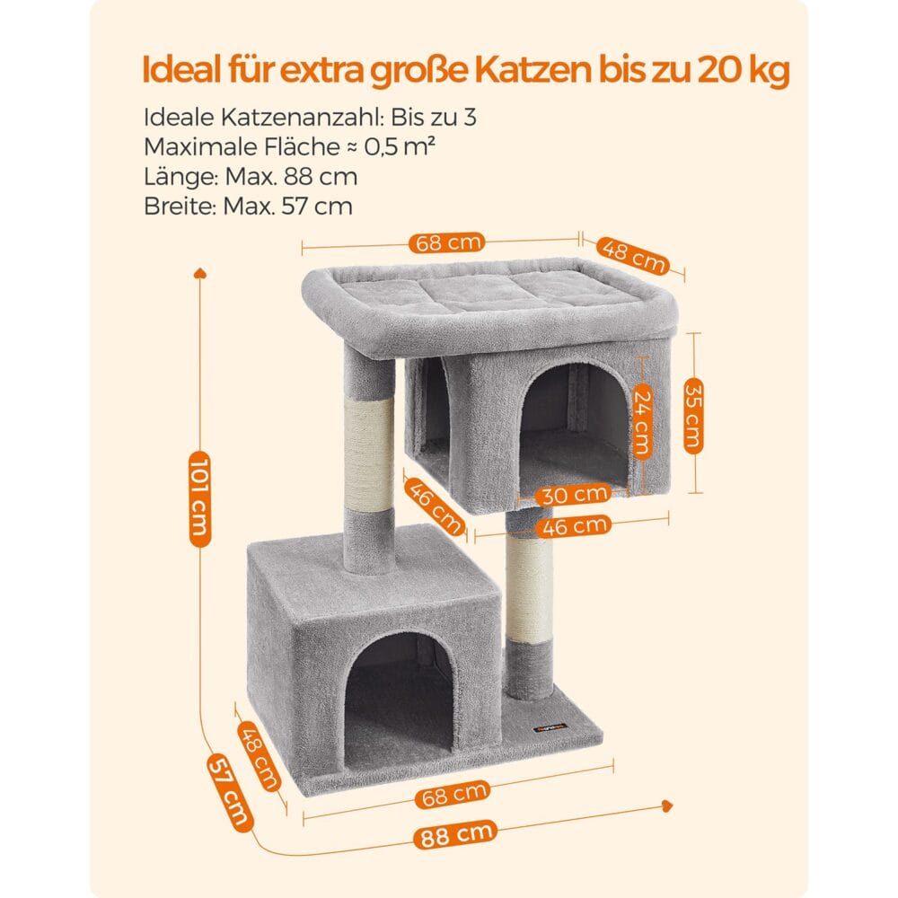 Kratzbaum für Katzen bis 20kg, 101cm Höhe, Plüsch Hellgrau