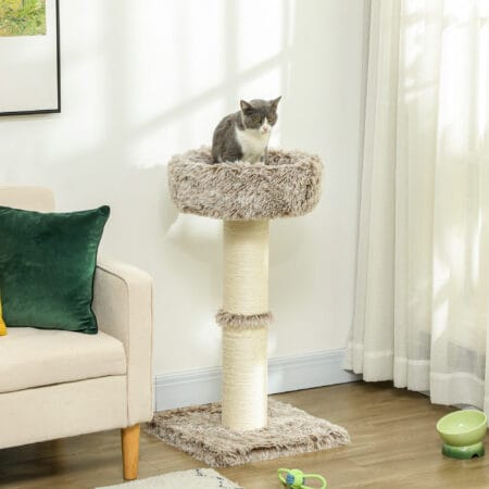 Brauner Kratzbaum mit Bett und robusten Sisal-Kratzsäulen, 87cm hoch, für Katzen bis 6kg, bietet Komfort und Krallenpflege.
