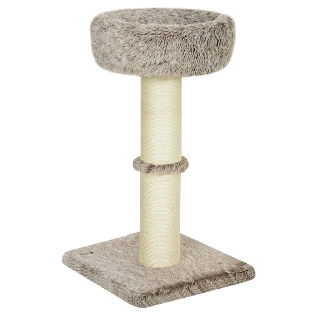 Brauner Kratzbaum mit Bett und robusten Sisal-Kratzsäulen, 87cm hoch, für Katzen bis 6kg, bietet Komfort und Krallenpflege.