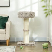 Brauner Kratzbaum mit Bett und robusten Sisal-Kratzsäulen, 87cm hoch, für Katzen bis 6kg, bietet Komfort und Krallenpflege.