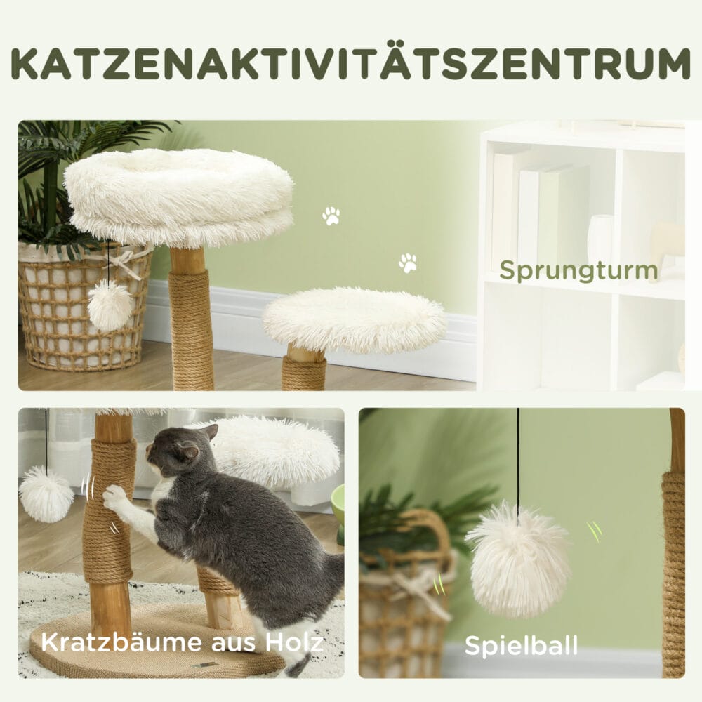 Weisser Kratzbaum mit Betten und Spielball, 61.5cm hoch, für Katzen bis 5kg, ein gemütlicher und unterhaltsamer Kratzplatz.