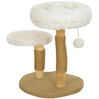 Weisser Kratzbaum mit Betten und Spielball, 61.5cm hoch, für Katzen bis 5kg, ein gemütlicher und unterhaltsamer Kratzplatz.
