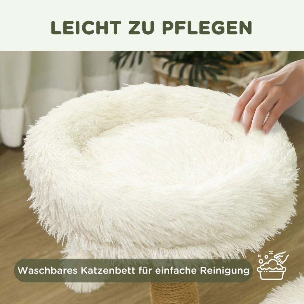Weisser Kratzbaum mit Betten und Spielball, 61.5cm hoch, für Katzen bis 5kg, ein gemütlicher und unterhaltsamer Kratzplatz.