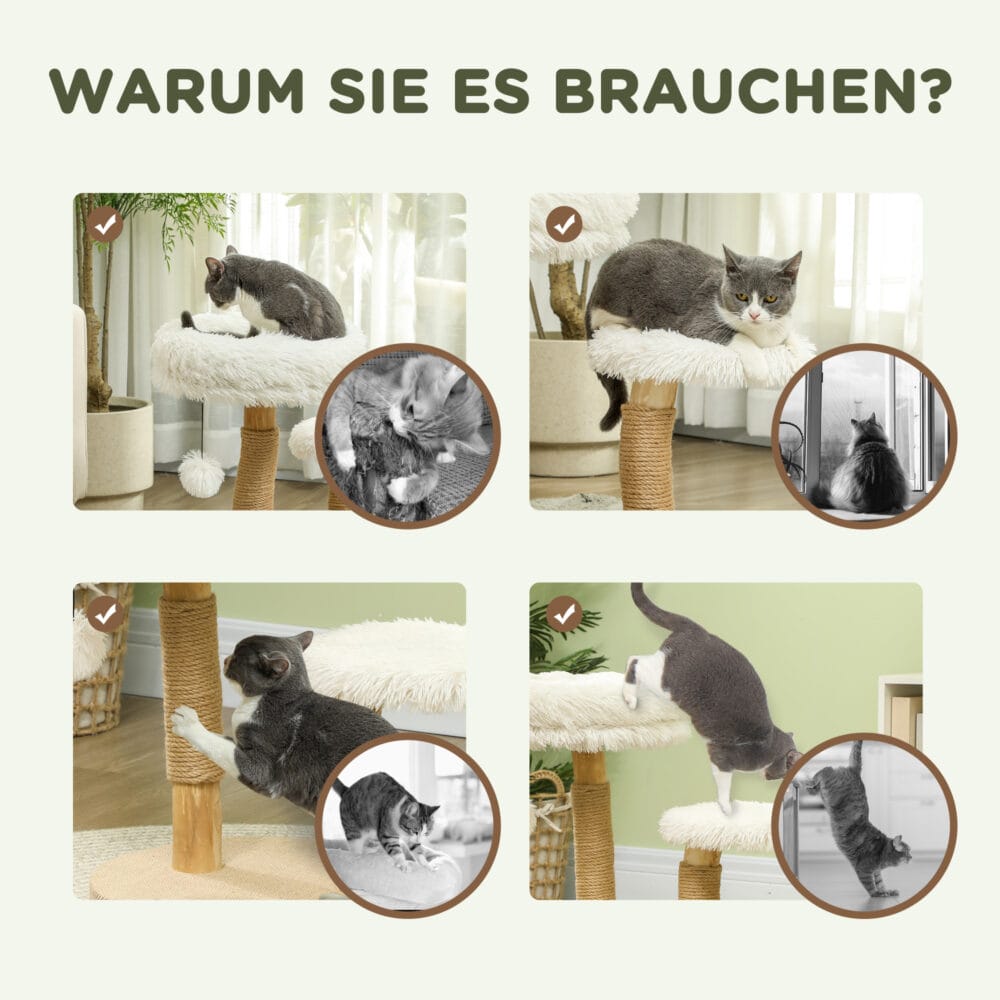 Weisser Kratzbaum mit Betten und Spielball, 61.5cm hoch, für Katzen bis 5kg, ein gemütlicher und unterhaltsamer Kratzplatz.