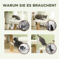 Weisser Kratzbaum mit Betten und Spielball, 61.5cm hoch, für Katzen bis 5kg, ein gemütlicher und unterhaltsamer Kratzplatz.