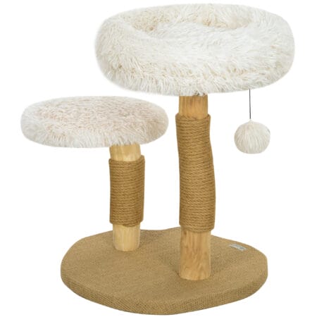 Weisser Kratzbaum mit Betten und Spielball, 61.5cm hoch, für Katzen bis 5kg, ein gemütlicher und unterhaltsamer Kratzplatz.