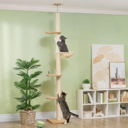 Deckenhoher Kratzbaum, 230-250cm hoch, in Eiche-Cremeweiss, mit Hängematte, ideal für Katzen, die gerne hoch klettern.