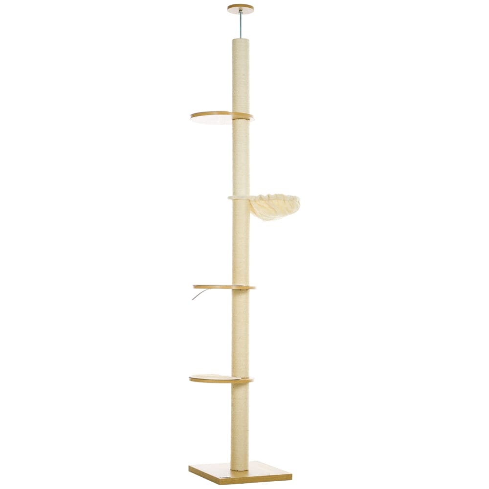 Deckenhoher Kratzbaum, 230-250cm hoch, in Eiche-Cremeweiss, mit Hängematte, ideal für Katzen, die gerne hoch klettern.