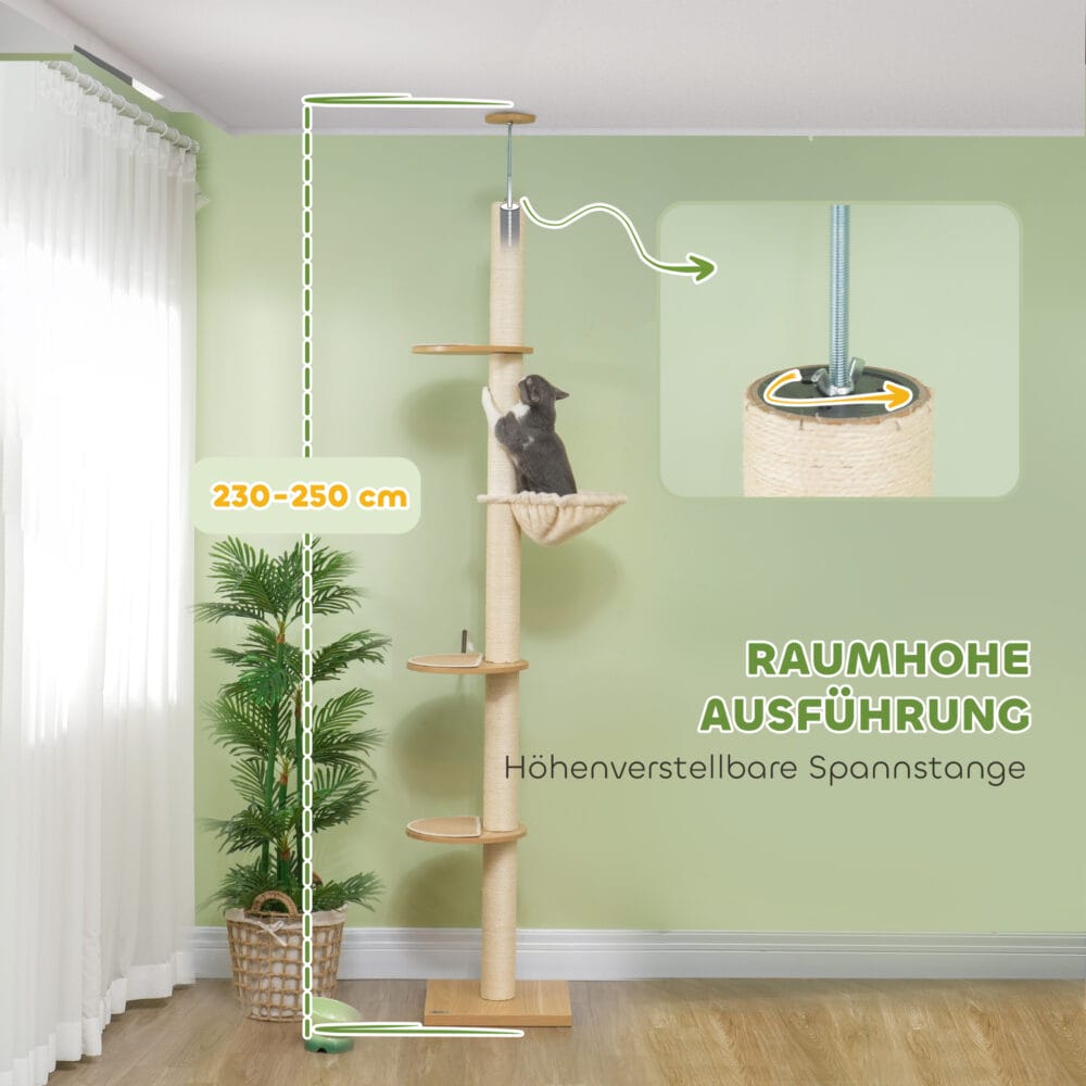 Deckenhoher Kratzbaum, 230-250cm hoch, in Eiche-Cremeweiss, mit Hängematte, ideal für Katzen, die gerne hoch klettern.