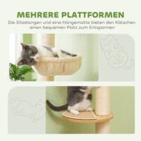 Deckenhoher Kratzbaum, 230-250cm hoch, in Eiche-Cremeweiss, mit Hängematte, ideal für Katzen, die gerne hoch klettern.